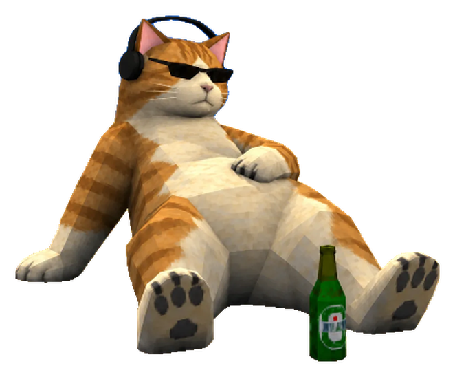 Cat Bum, an orange and white cat in sunglasses and headphones, lounging beside a green bottle